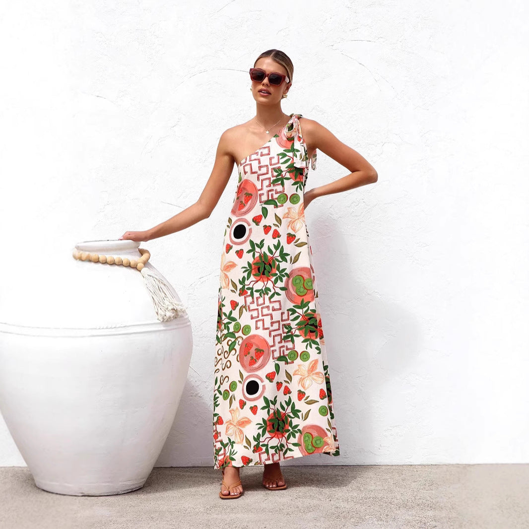Fruit Print One Shoulder Bow Tie Strap Sleeveless Maxi Dress