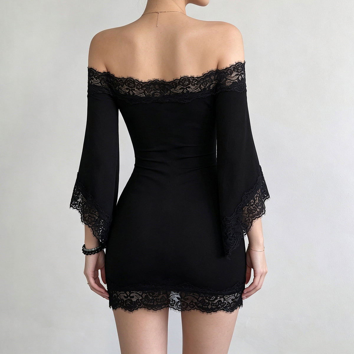 Lace Trim Off Shoulder Bell Sleeve Bodycon Mini Dress 3