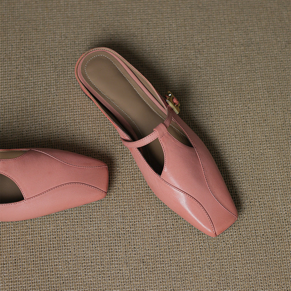 Square Toe Buckle Strap Cut Out Block Heel Mules