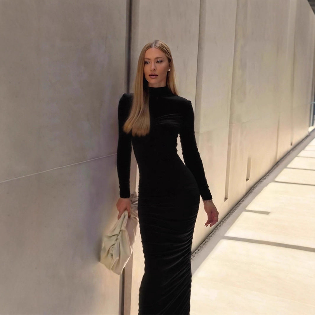 Mock Neck Long Sleeve Ruched Mesh Bodycon Maxi Dress 4