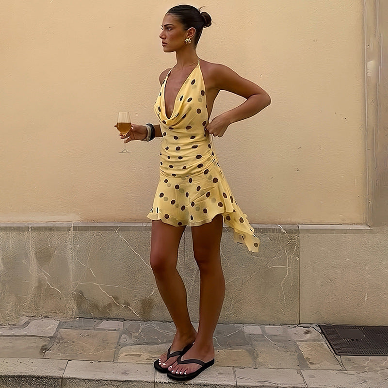 Polka Dot Chiffon Cowl Neck Halter Ruched Layered Hem Mini Dress 3