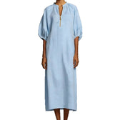 V-Neck Puff Sleeve Loose Linen Midi Dress Summer 5