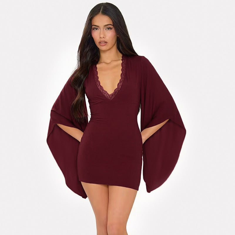 Lace Trim Deep V-Neck Flared Cape Sleeve Bodycon Mini Dress 4