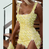 Sequin Fringe Square Neck High Split Bodycon Mini Dress 8