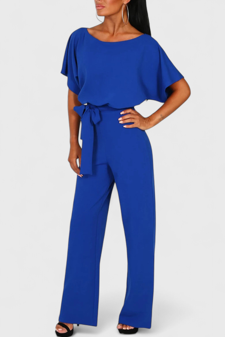 Boat Neck Batwing Sleeve Belted Wide Leg Jumpsuit