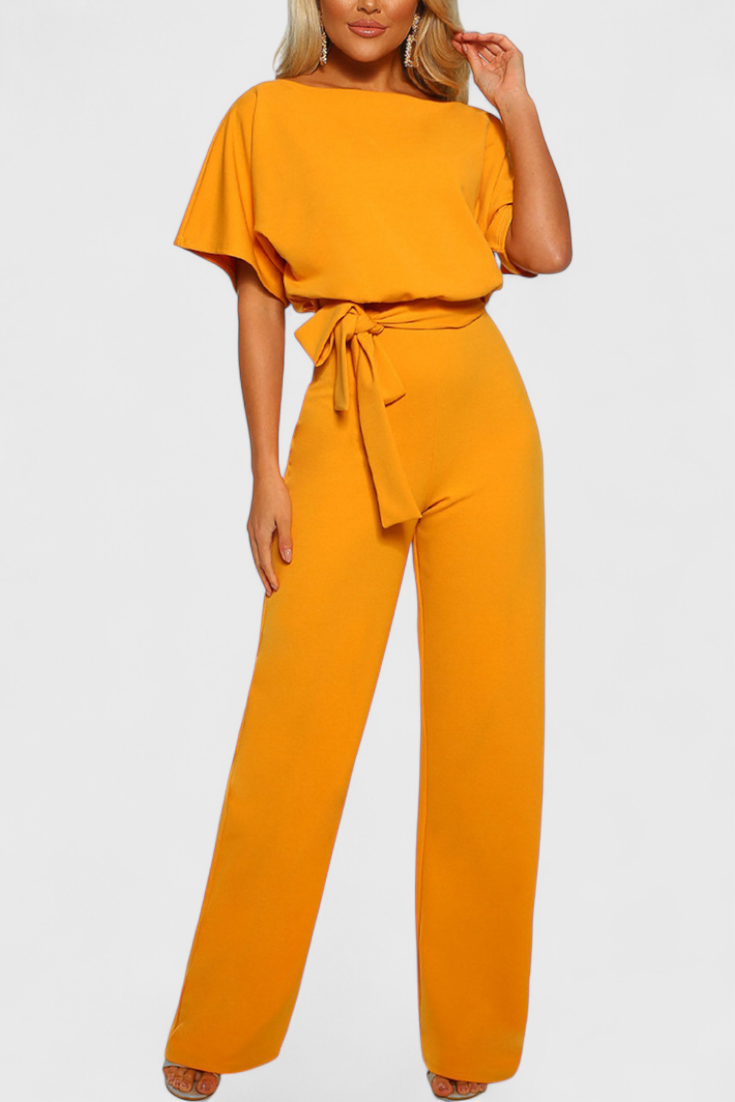 Boat Neck Batwing Sleeve Belted Wide Leg Jumpsuit