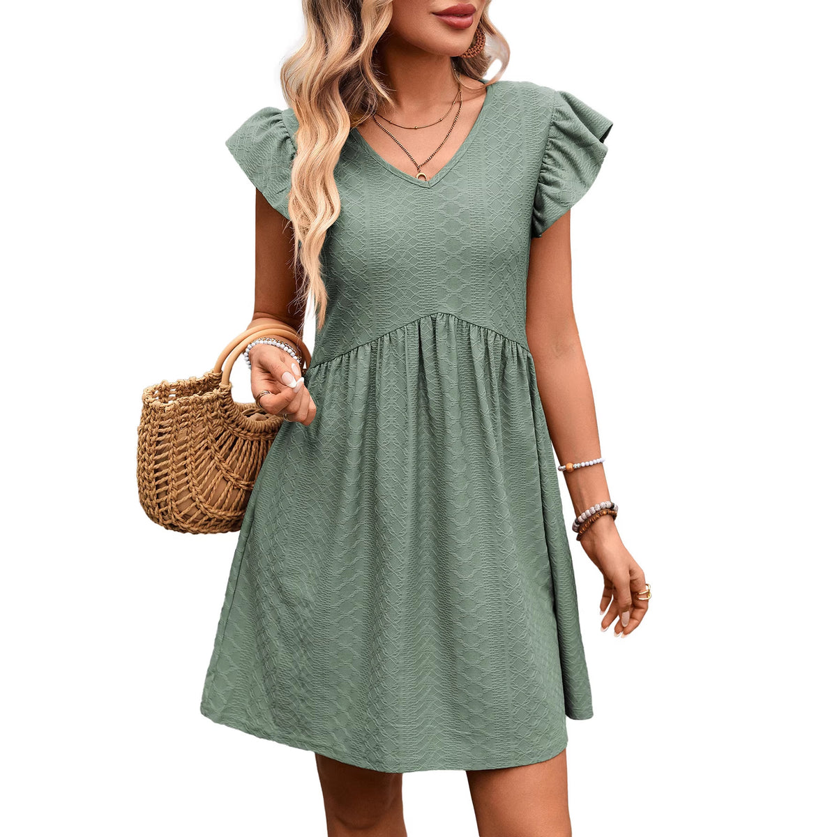 Textured V-Neck Flutter Sleeve Pocket Babydoll Mini Dress 7