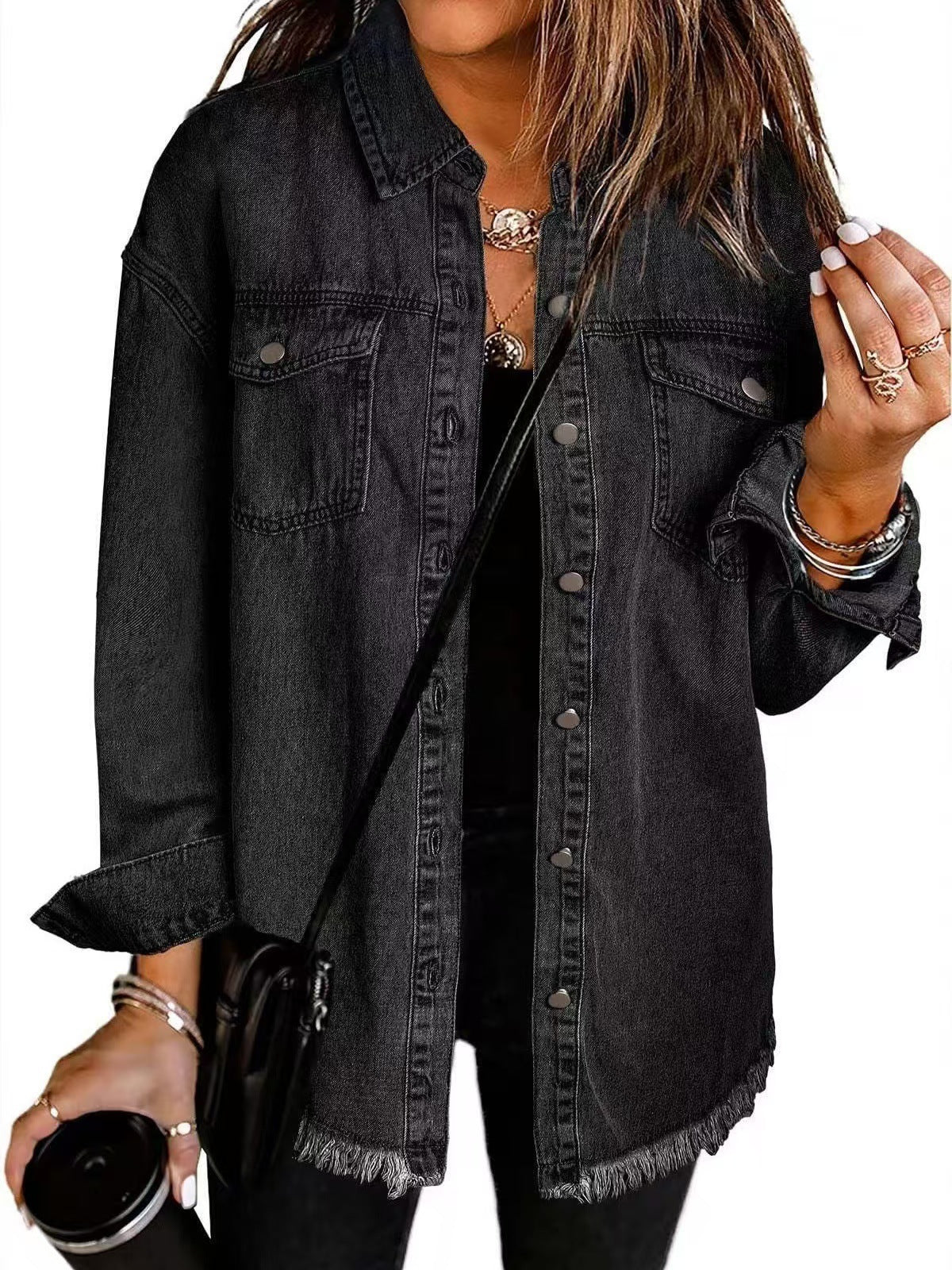 Button Front Frayed Hem Longline Denim Jacket