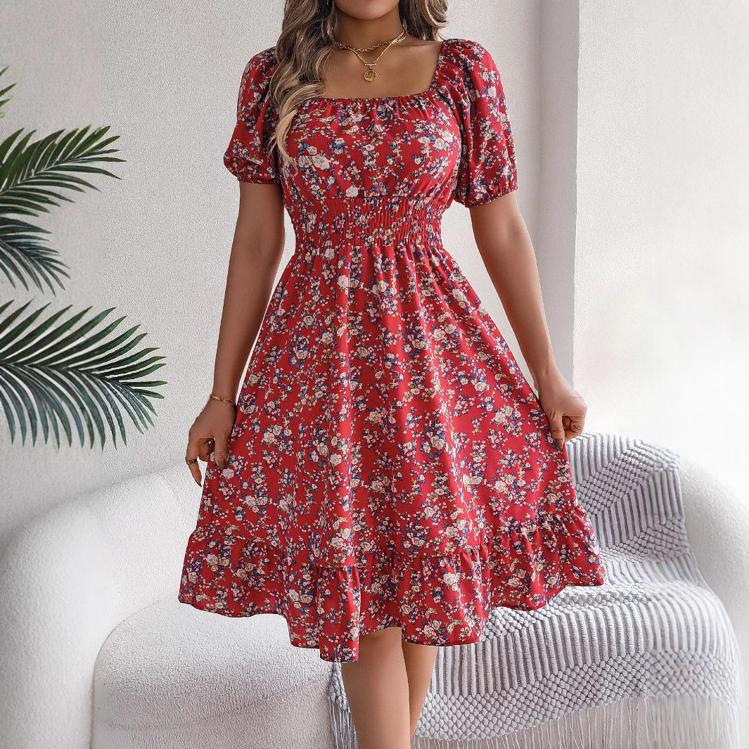 Ditsy Floral Print Square Neck Puff Sleeve Shirred Waist Ruffle Hem Midi Dress 2