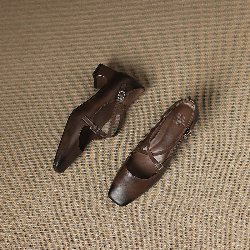 Square Toe Double Buckle Strap Block Heel Mary Jane Pumps