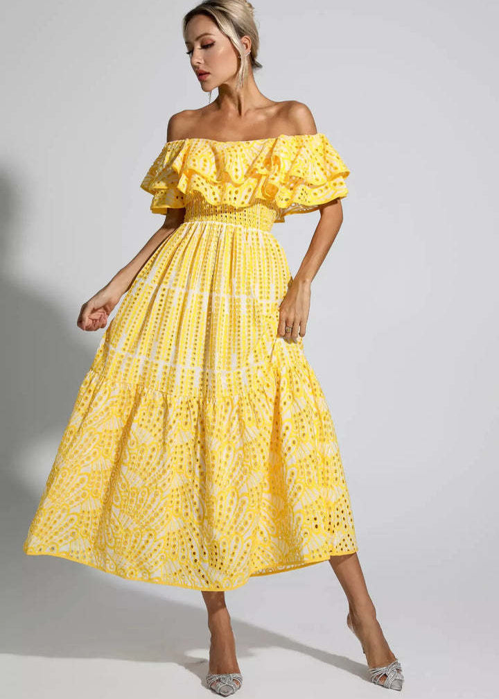 Soleia Ruffle Off Shoulder Dress EmbroideRed Boho Midi