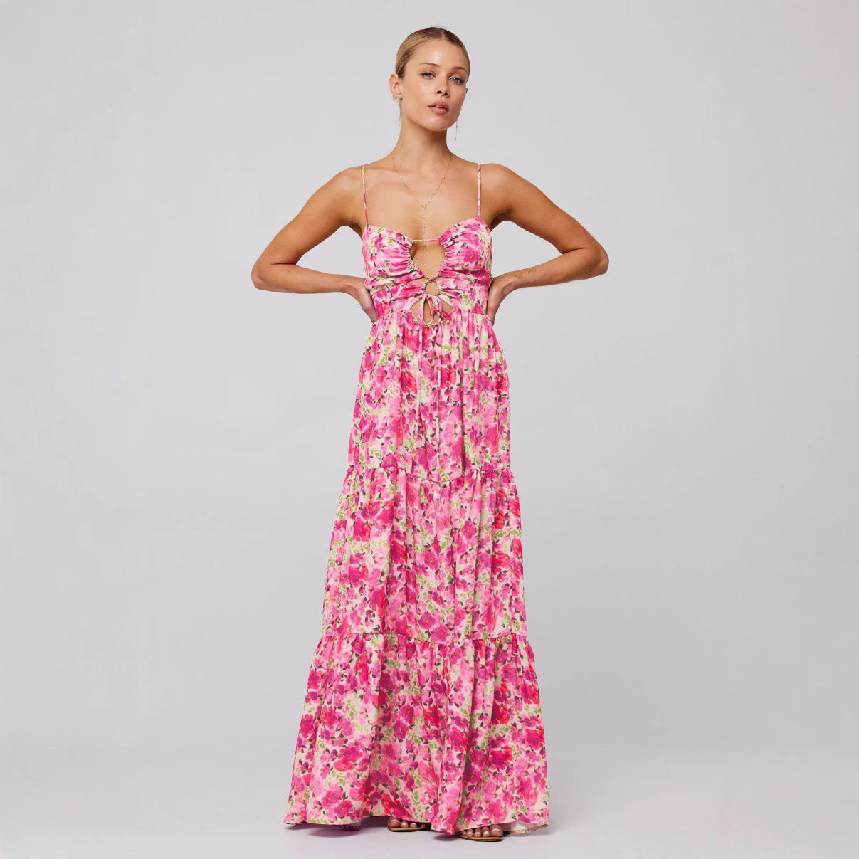 Floral Spaghetti Strap Cut Out Tiered Midi Dress 5