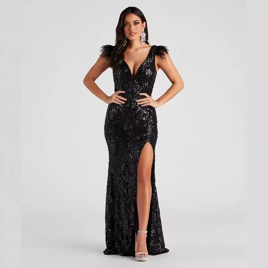Sequin Feather Shoulder Plunge V-Neck High Split Evening Gown