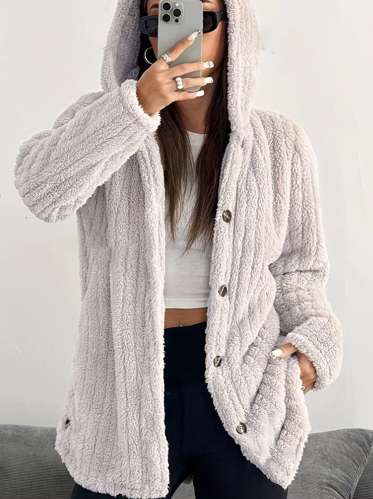 Hooded Button Front Fleece Cardigan Coat