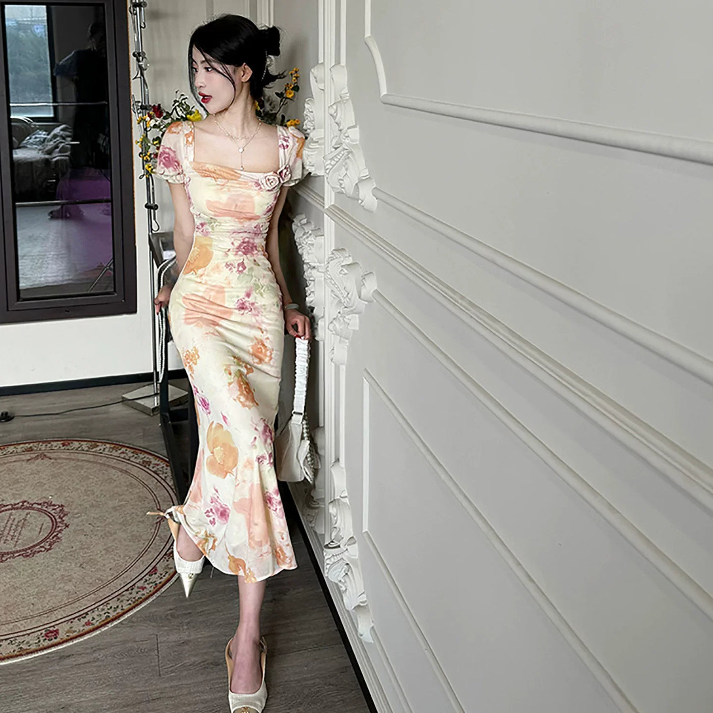 Floral Puff Sleeve Rosette Bodycon Midi Dress 7