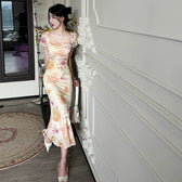 Floral Puff Sleeve Rosette Bodycon Midi Dress 7