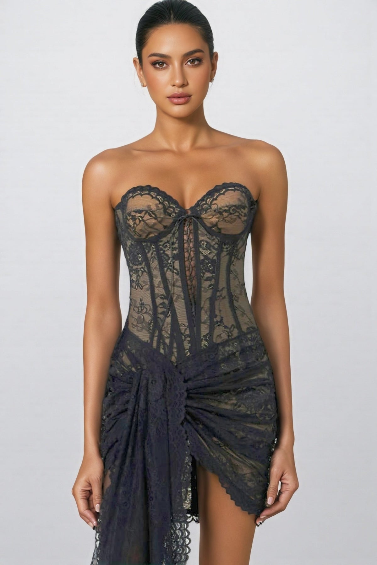 Sheer Lace Strapless Sweetheart Corset Draped Knot Front Mini Dress