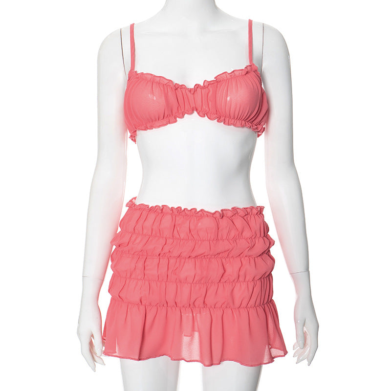 Ruched Pleated Denim Mini Skort