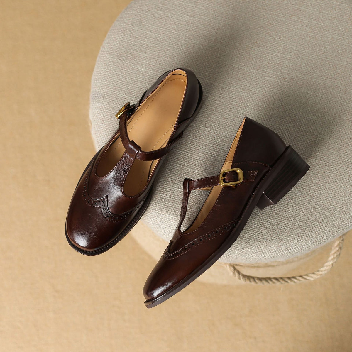 T-Strap Brogue Block Heel Mary Jane Pumps