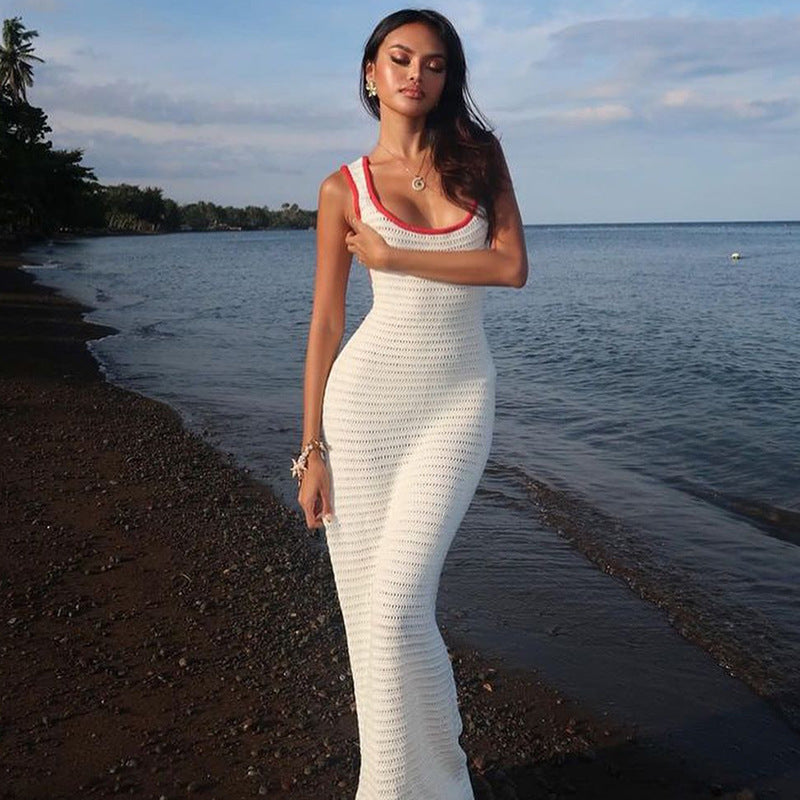 Cutout Knitted Contrast Color Bare Back Dress