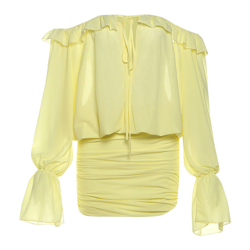 Off Shoulder Sheer Ruffle Blouson Sleeve Keyhole Ruched Mini Dress 5