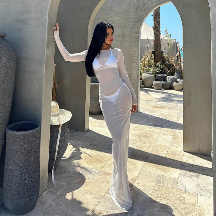 Sheer Mesh Round Neck Long Sleeve Bodycon Maxi Beach Cover Up