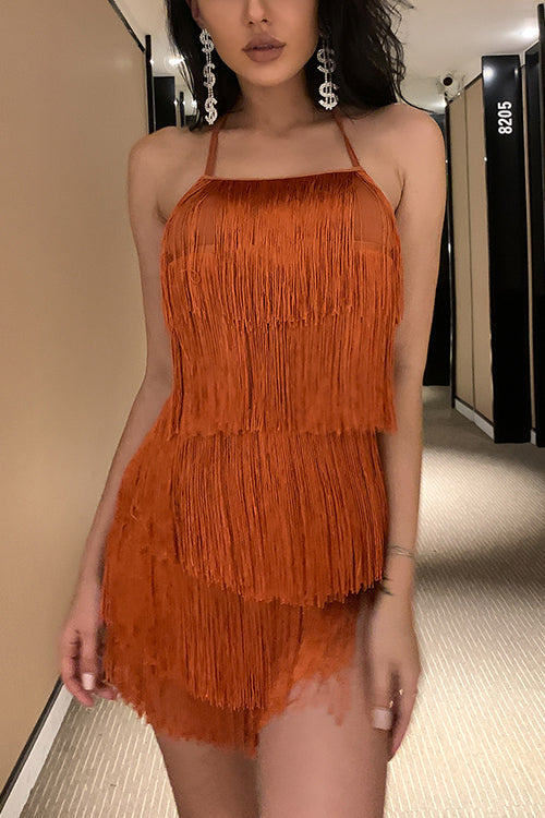 Halter Neck Open Back Tassel Hem Romper