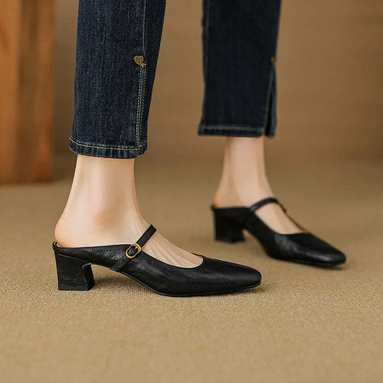 Square Toe Buckle Block Heel Mary Jane Mules