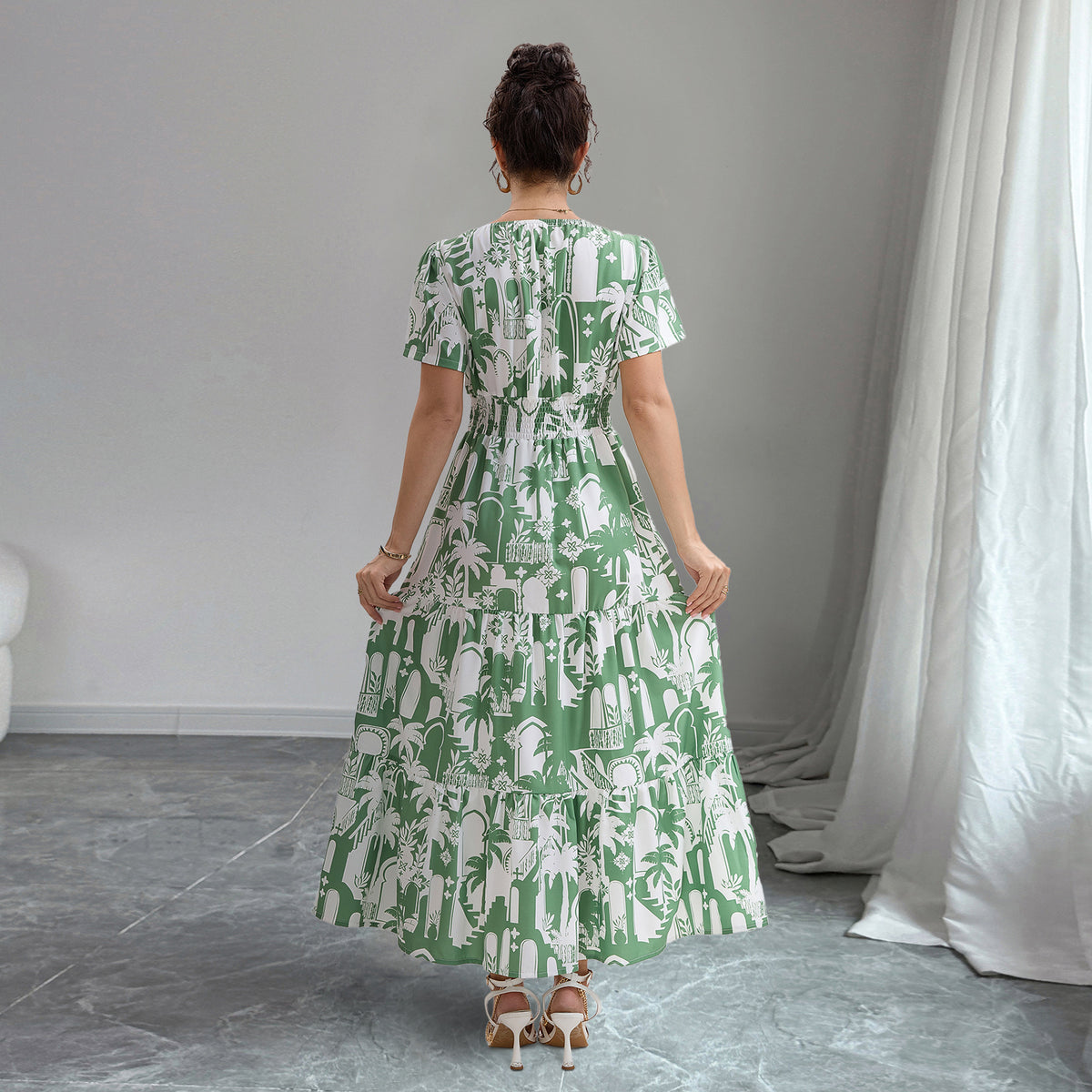 Arch Print Notch Neck Short Sleeve Smocked Waist Tiered Maxi Dress 3