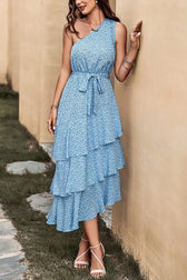 Green One Shoulder Ruffle Trim Dress With Print L / Blue One Shoulder Print Maxi Dress
