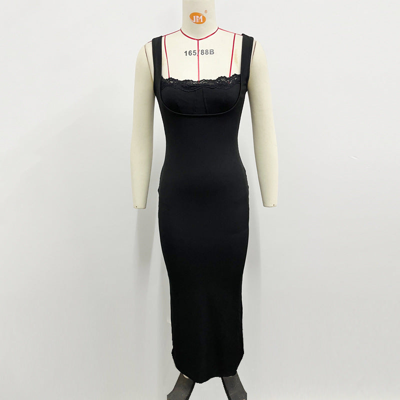Lace Trim Square Neck Sleeveless Bodycon Maxi Dress 2