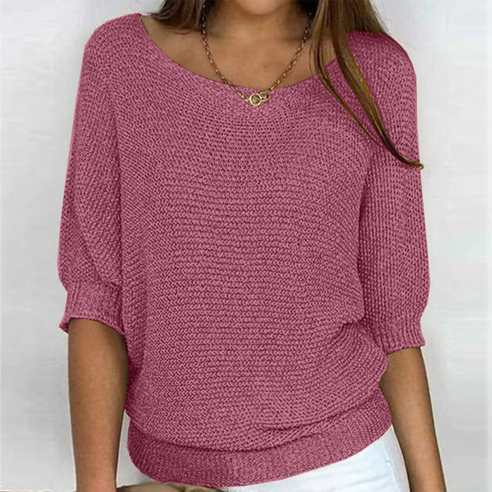 Boat Neck Short Sleeve Ribbed Hem Knit Sweater