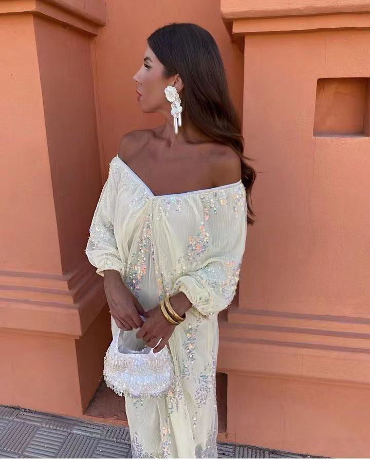 Sequin Off Shoulder Deep V-Neck Lantern Sleeve Mesh Maxi Dress