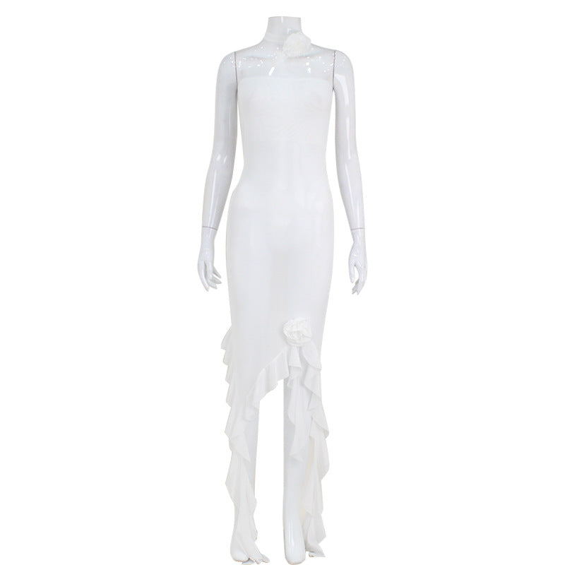 Strapless Mesh Rosette Ruffle Trim High Split Asymmetric Midi Dress 2