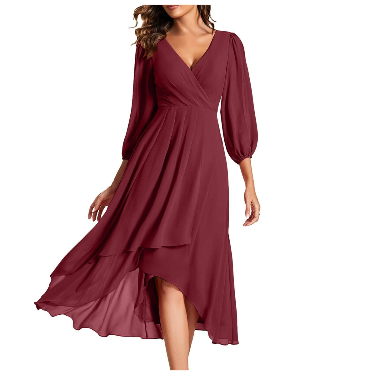 Chiffon Wrap V-Neck Puff Sleeve High Low Midi Dress