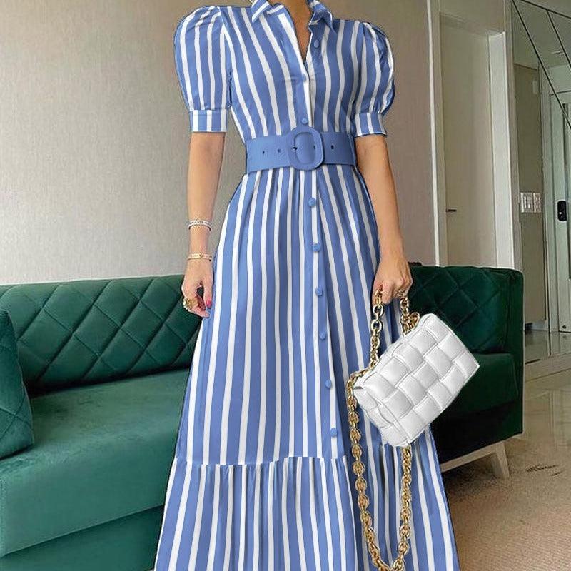 Temperament commuting long short-sleeved swing dress with belt Blue
