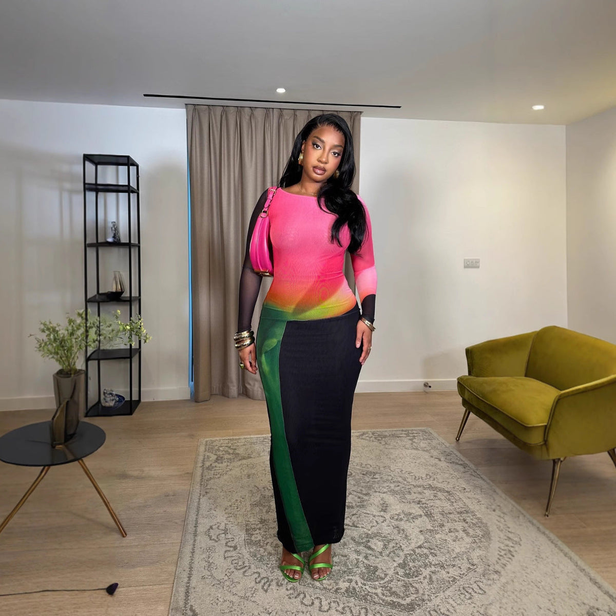 Ombre Print Mesh Round Neck Long Sleeve Bodycon Maxi Dress