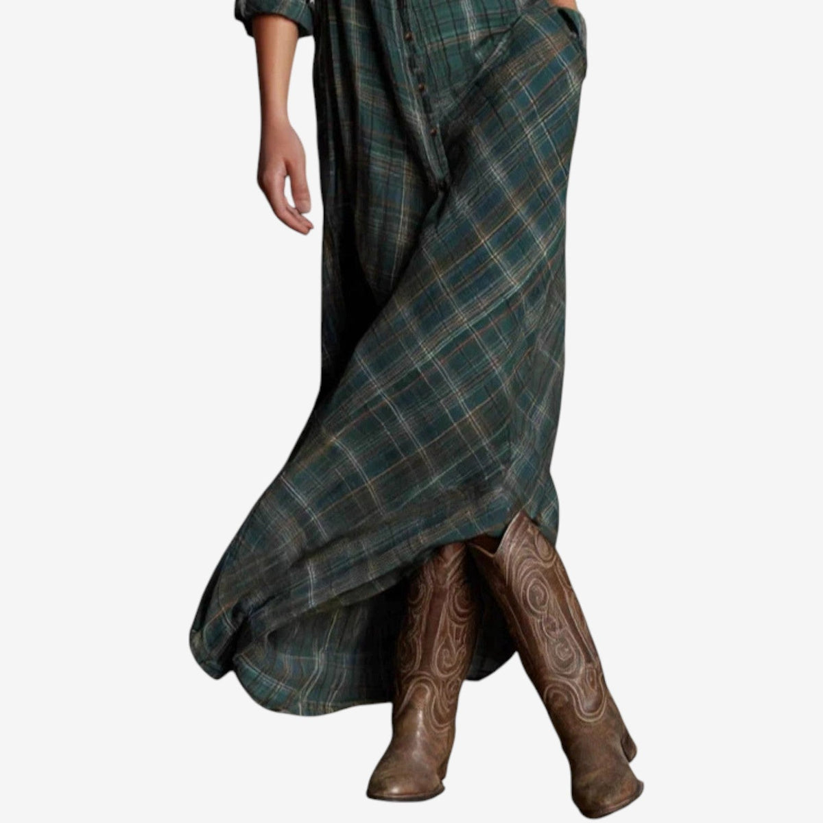 Plaid Collared Button Front Long Sleeve Maxi Shirt Dress