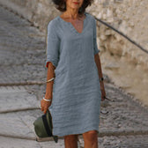 Split Neck Short Sleeve Pocket Shift Midi Dress 9