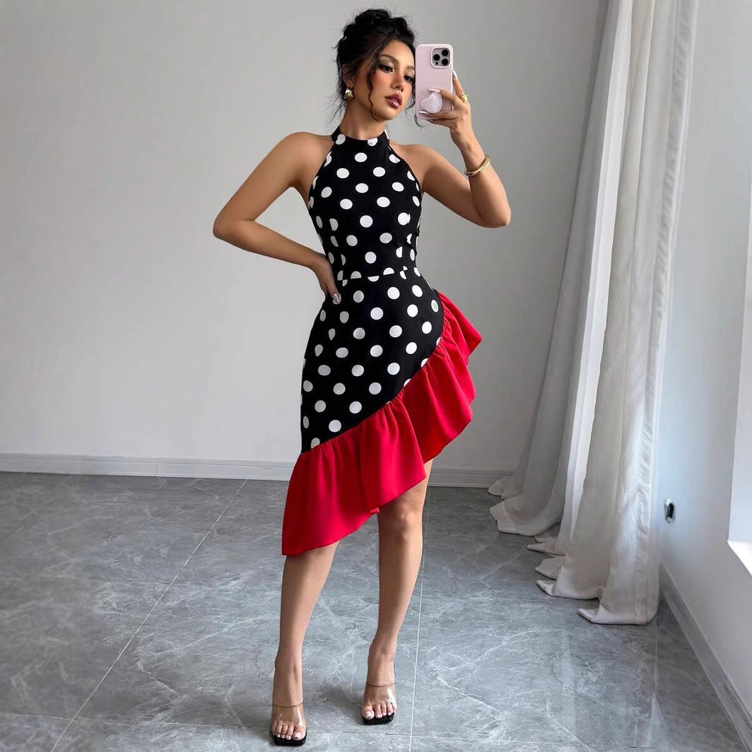Inés Exclusive Women's Asymmetric Wrap Dress with Dots and Ruffle Details Premium Wardrobe Essential
