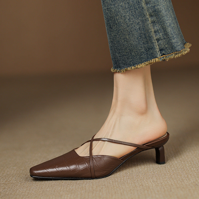 Croc Embossed Pointed Toe Kitten Heel Mules