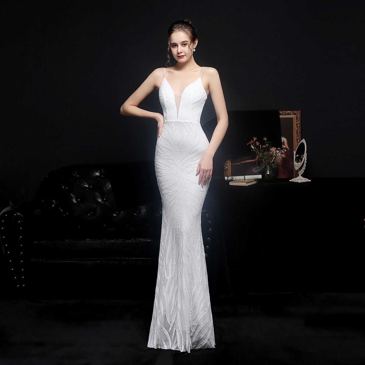 Leaf Pattern Sequin Plunge Spaghetti Strap Mermaid Evening Gown 6