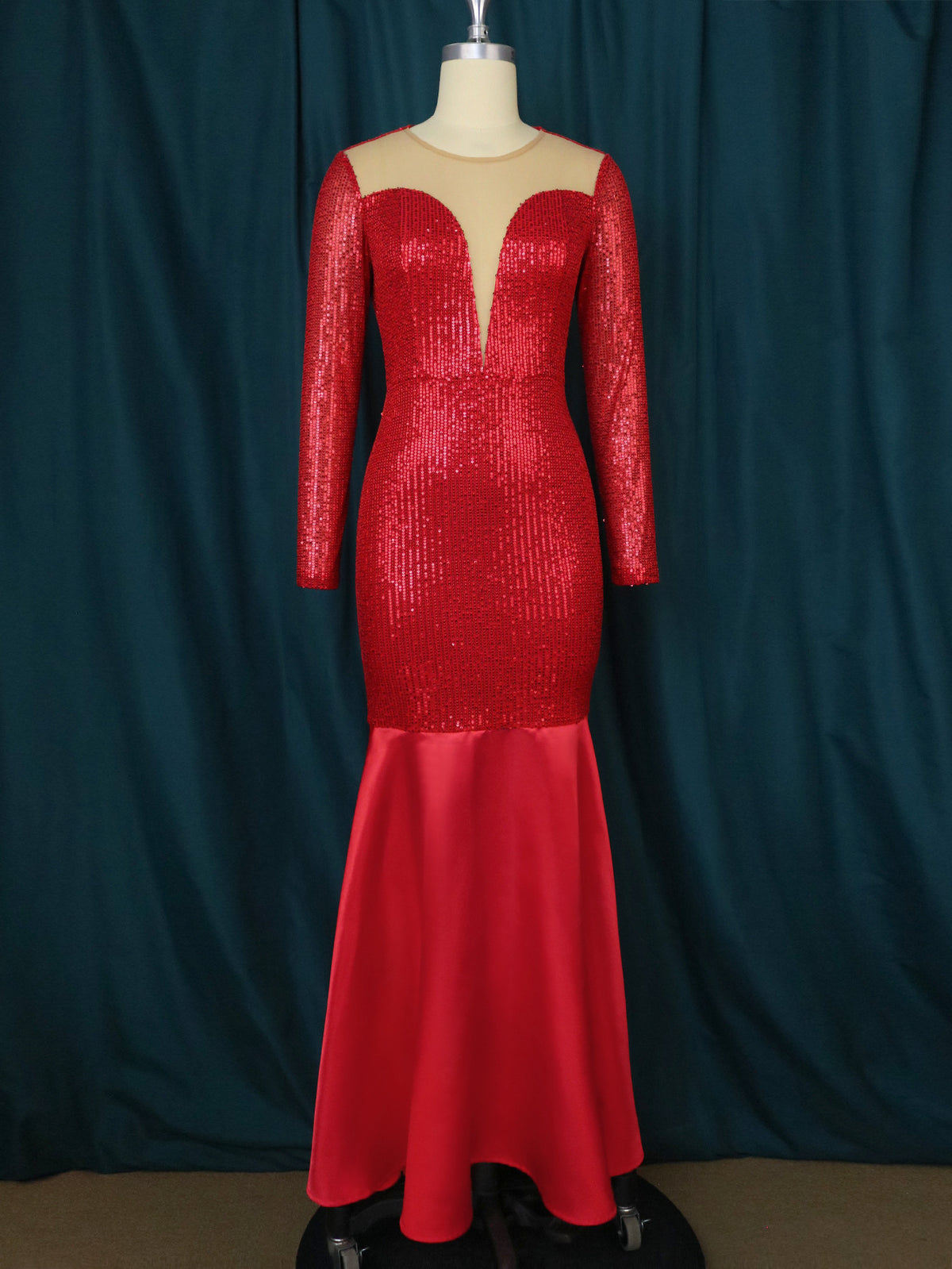 Sequin Illusion Plunge Long Sleeve Satin Flounce Mermaid Gown 2