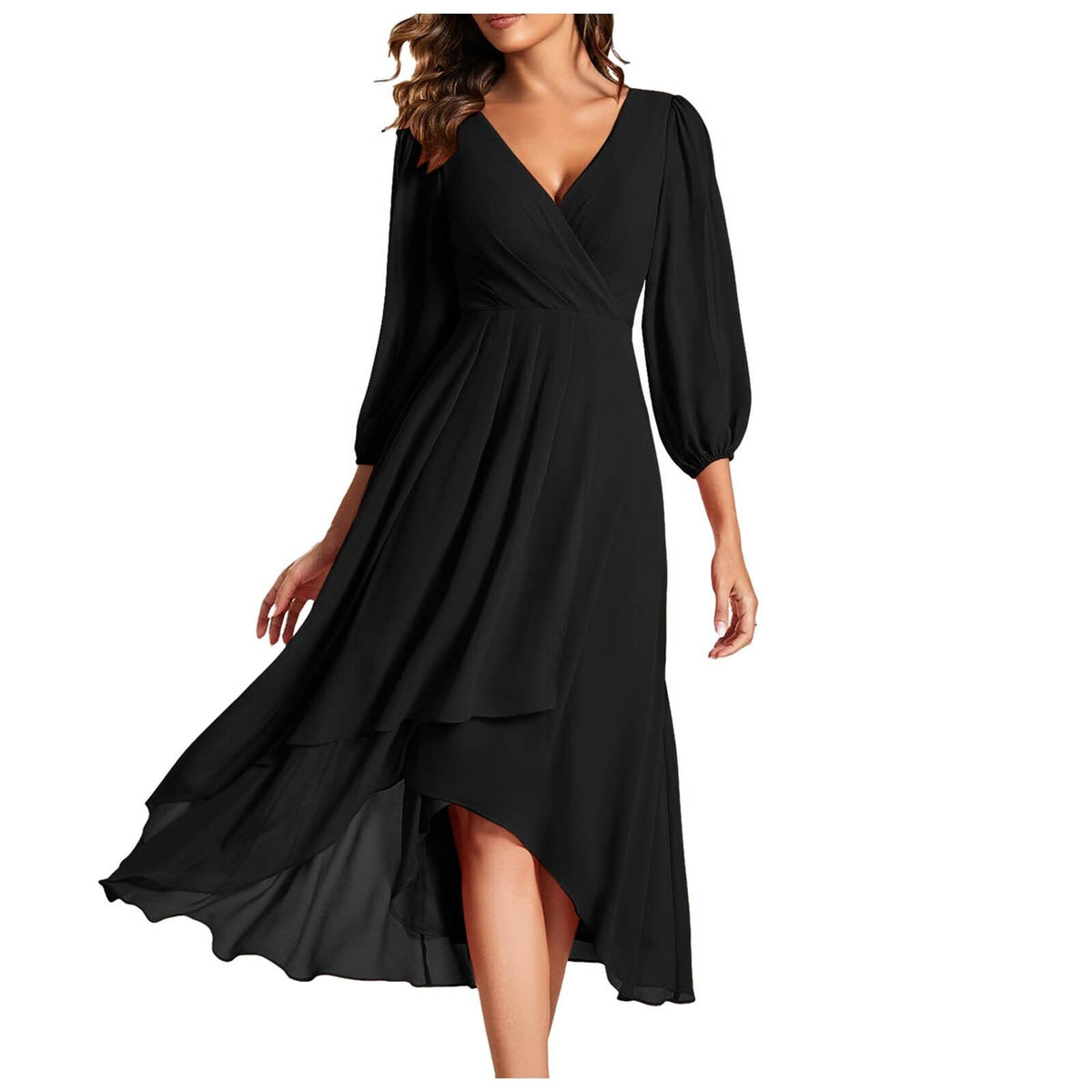 Chiffon Wrap V-Neck Puff Sleeve High Low Midi Dress
