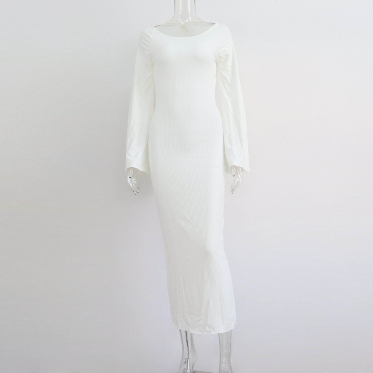 Ribbed Knit Long Bell Sleeve Open Back Tie Bodycon Maxi Dress 6