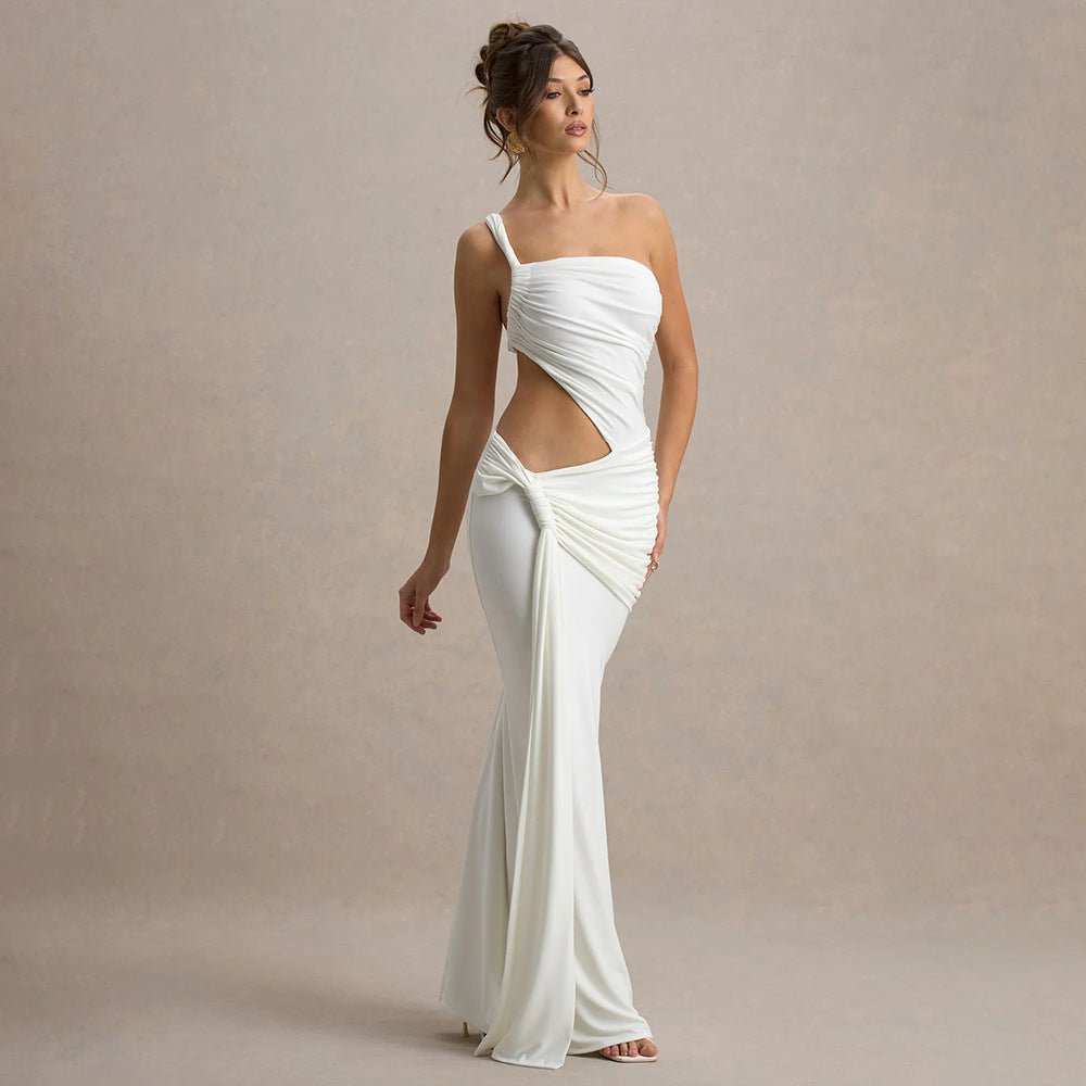 Asymmetric One Shoulder Cut Out Waist Ruched Drape Bodycon Maxi Dress 2