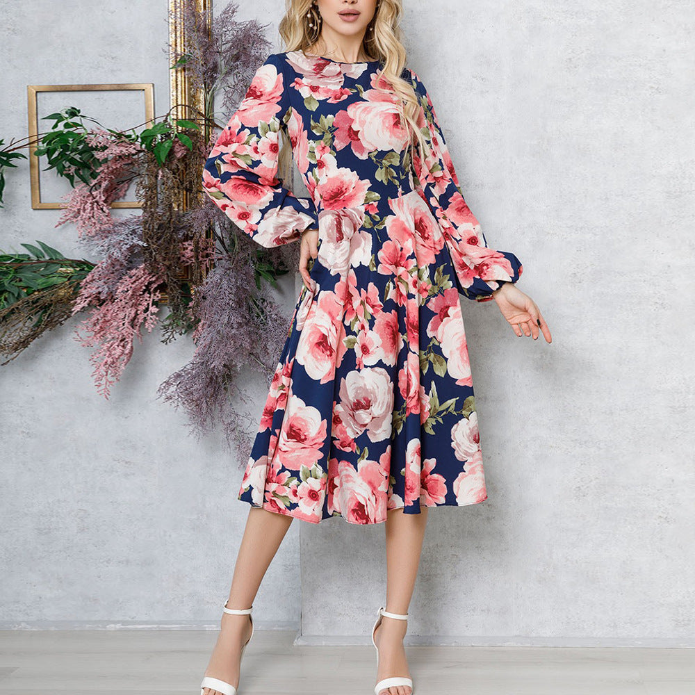 Printed Crew Neck Long Sleeve Slim Fit Boho Dress