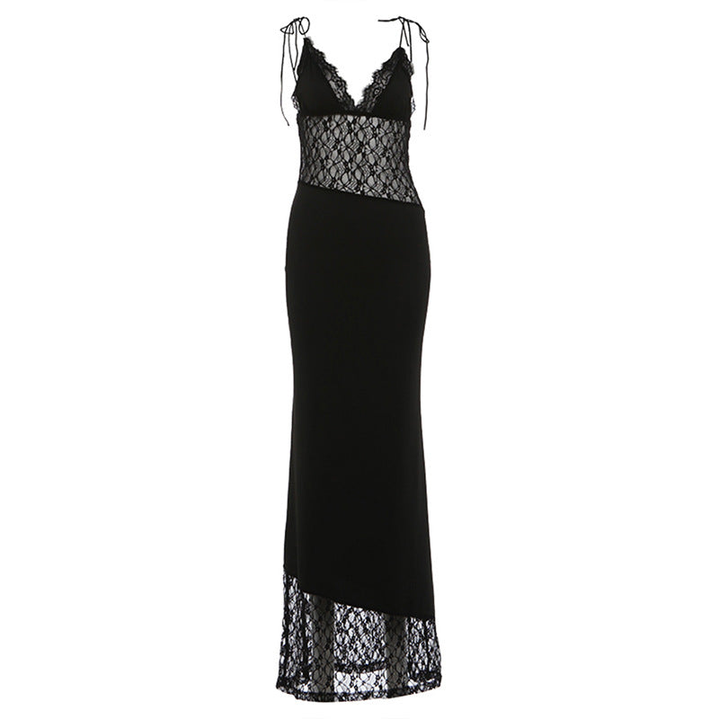 Sheer Lace Panel V-Neck Spaghetti Strap Satin Lace Hem Maxi Dress 5