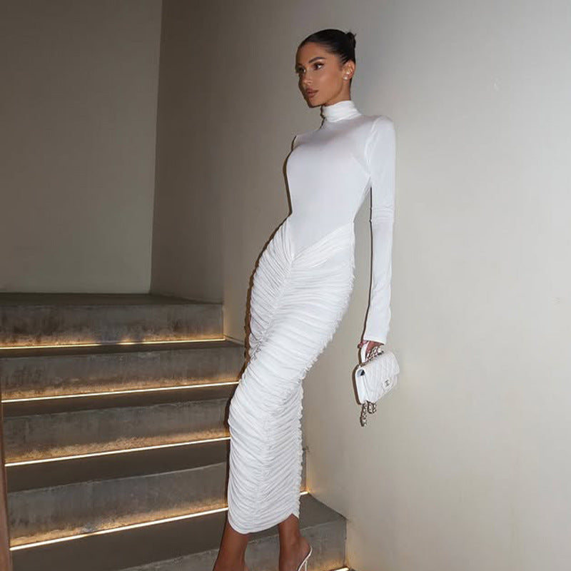 Fall Women Clothing High Collar Long Sleeve Slim Fit Pleating Design Tight Waist Sheath Solid Color Elegant Dress Long