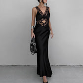 Satin Lace V-Neck Cut Out Mermaid Maxi Dress